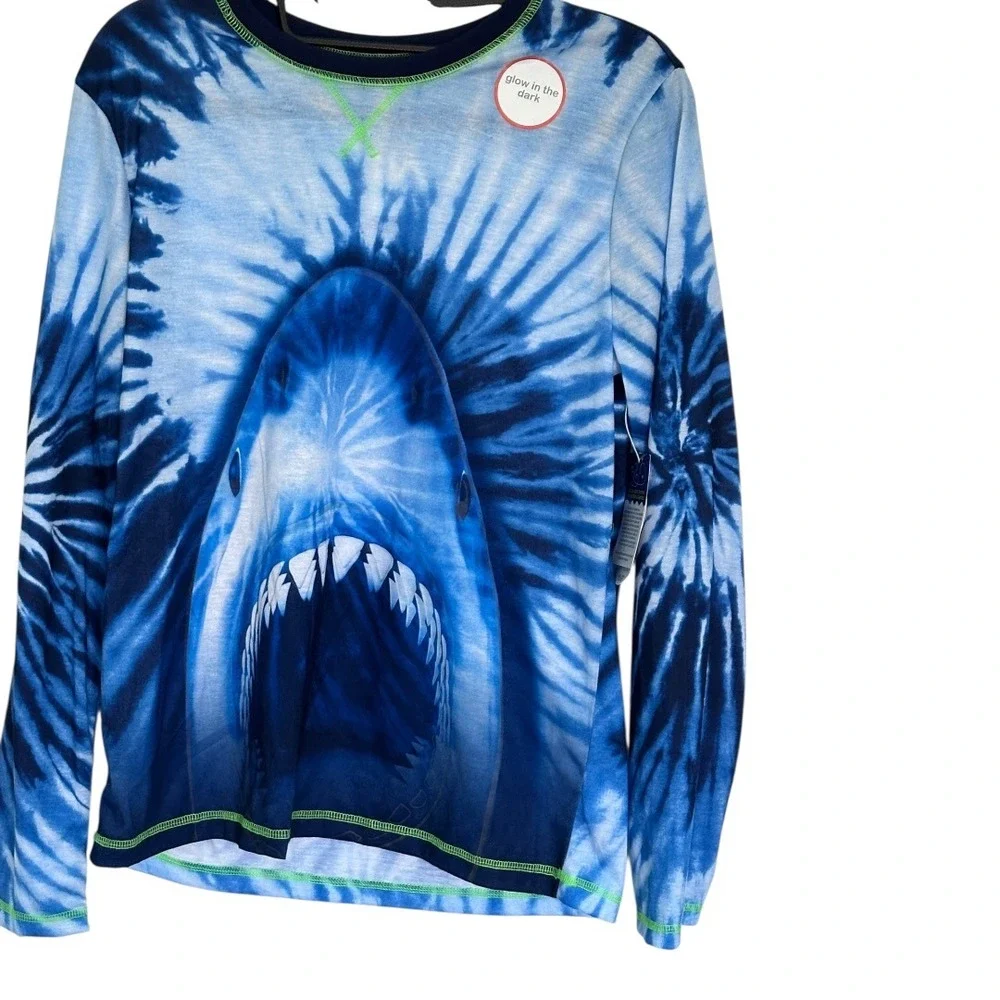 Wonder Nation Shark Pajama Top Kids XL 14-16 Blue Tie Dye New Glow in the Dark